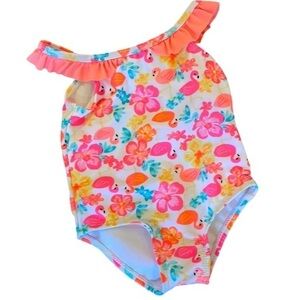 🦩🌸Baby One Piece Bathing Swimsuit w/ Ruffle Neck & Bright Flamingos & Flowers‎